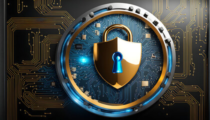 cybersecurity shield with lock and tech circuits