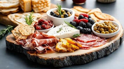 Gourmet Cheese and Charcuterie Board with Fresh Berries and Crackers