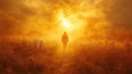 Fototapeta premium Solitary figure walking towards a vibrant sunset in a misty field.