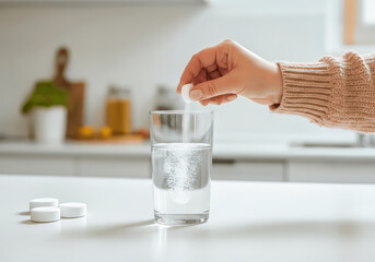 A hand drops an effervescent tablet into a clear glass of water on a kitchen countertop. The kitchen is well-lit with various kitchen items in the background.