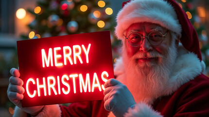 Smiling Santa holding neon sign with text MERRY CHRISTMAS cinematic light with bokeh