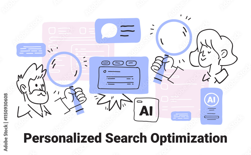 Poster personalized search optimization ai concept people using magnifying glasses analyzing data minimalis