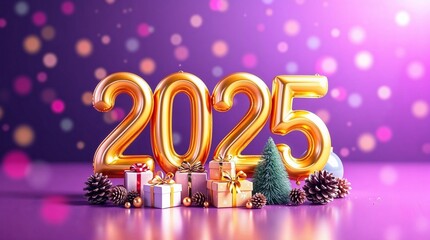 Modern 3D illustration: New Year 2025 celebration. Golden number balloons, gift boxes, Christmas trees, and pinecones 