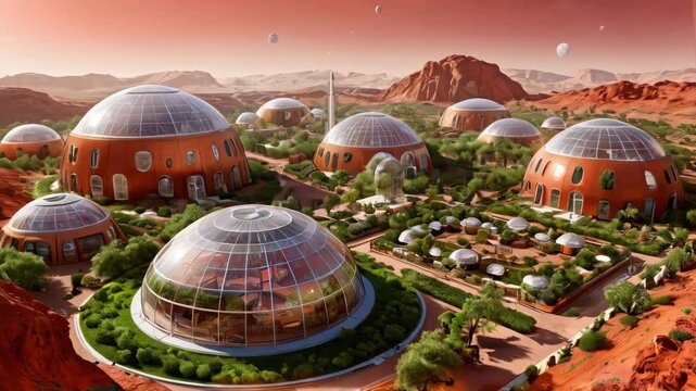 Futuristic Martian colony featuring domes amidst red landscape, showcasing innovative architecture, lush greenery, and thriving habitat in this science fiction vision of space exploration.