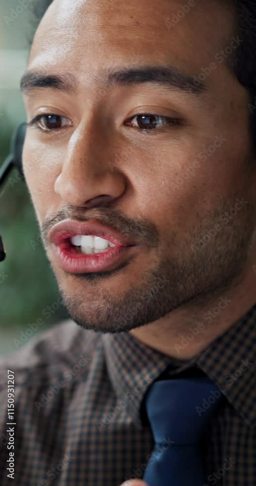 Poster man, headset and call centre assistance in office, talking and helping client with issue. male perso