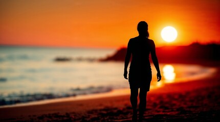 silhouette of  woman with sunset at the beach