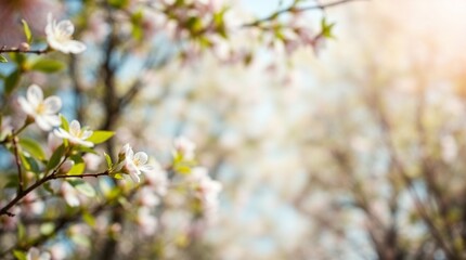 spring flowers in spring background featuring a blue, sunny sky with sunlight and a bokeh blur effect.