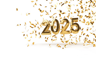 Golden 2025 New Year Celebration with Confetti Burst: A Festive 3D Render