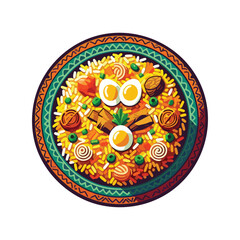 Biryani, showcasing colorful rice with chunks of meat, fried onions, and boiled eggs