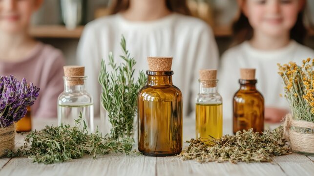 Natural essential oils display herbal workshop photography cozy indoor setting close-up aromatherapy concepts