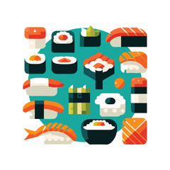 assorted sushi pieces, including nigiri and maki rolls.