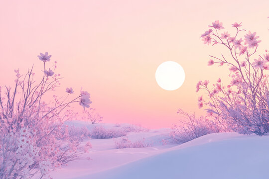 serene sunrise with flowers and snow creates tranquil atmosphere