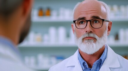 Consultation with a pharmacist pharmacy professional interaction clinical environment close-up view healthcare awareness