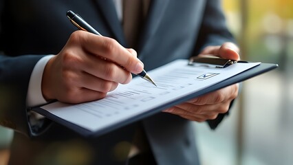 A businessman giving the final approval on a project checklist. The design highlights the importance of thorough verification and is perfect for showcasing your commitment to delivering work.