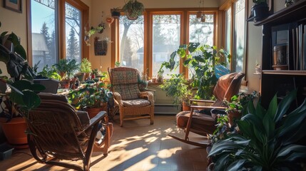 Fototapeta premium Sunlit room with rocking chairs and many plants.