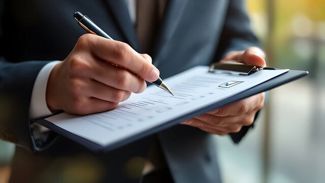 A businessman giving the final approval on a project checklist. The design highlights the importance of thorough verification and is perfect for showcasing your commitment to delivering work.