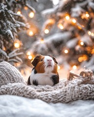 A guinea pig sits on a cozy blanket surrounded by snowy trees and warm lights.