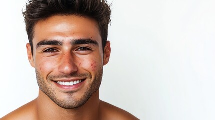 Obraz premium a man with adult acne smiling confidently, diverse beauty concept, photorealistic portrait, natural tones, isolated on white background