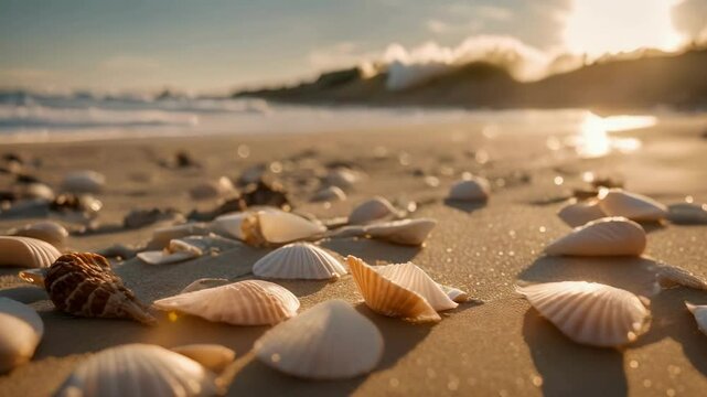 Soft waves lapping against the shore in the early morning light, with seashells scattered on wet sand and seagulls flying in the distance.