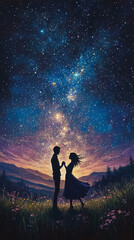 Fototapeta premium A couple dancing under the stars in an open meadow