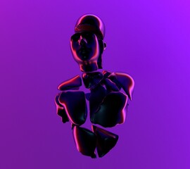 Naklejka premium 3D surrealistic illustration of a shattered statue of a man floating in the air in neon light.