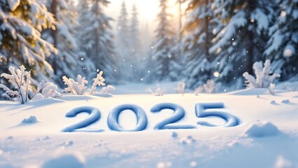 Winter forest scene with "2025" written in the snow, featuring frosty trees and a serene snowy landscape. Ideal for festive greetings, New Year themes, and seasonal designs.