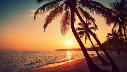 Palm Trees Silhouettes On Tropical Beach At Sunset - Modern Vintage Colors and orange sky