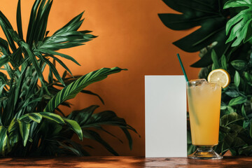 Refreshing cocktail with lemon slice beside blank menu card