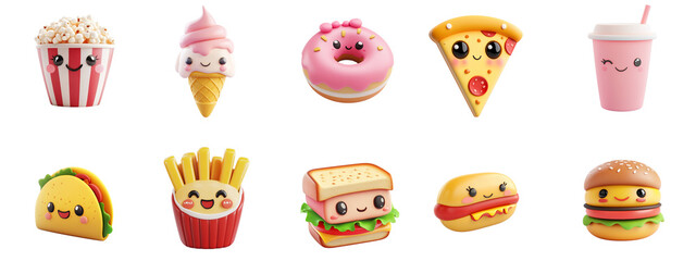 3D kawaii fast food icon, popcorn, ice cream, donut, pizza, soda, taco, fries, sandwich, hot dog, burger icon, cute face, transparent background.