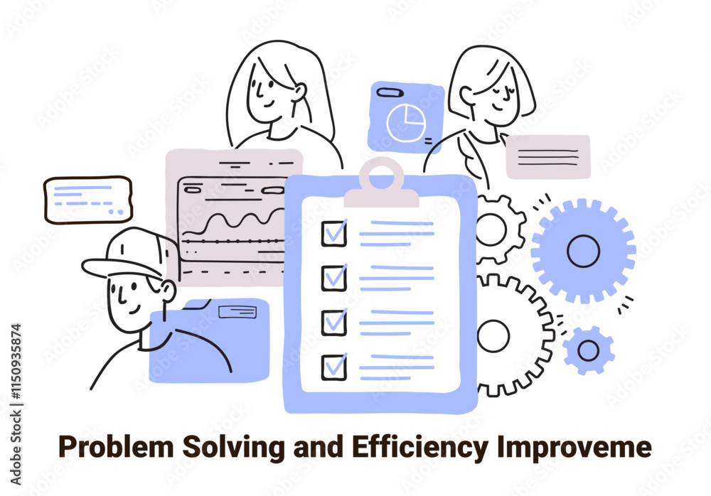 Poster problem solving and efficiency improvement concept with people gears charts checklist minimalist han