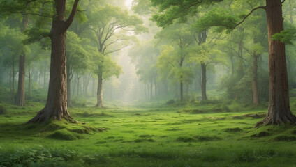 Naklejka premium A Serene Green Forest Scene Evoking Calmness and Tranquility