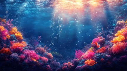 Obraz premium Vibrant coral reef, sunlit ocean, bubbles rising.