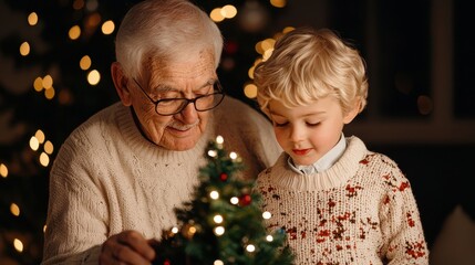 Grandfather and grandson decorating christmas tree cozy home family tradition warm atmosphere...