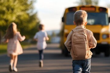 A charming scene where three children are joyously running towards a yellow school bus on a sunny day. The scene captures childhood energy and excitement.