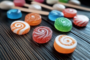 Obraz premium A variety of colorful spiral and round candies scattered across a dark wooden table, offering a visual treat of sugary sweetness in an inviting display of confectionery.