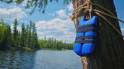 Obraz premium Bright Blue Life Jacket Hanging on a Tree by the Water with Lush Green Forest and Cloudy Sky in the Background, Perfect for Outdoor Safety and Recreation Themes
