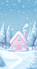 Fototapeta premium cute pink house in snow surrounded by tall trees creates whimsical winter scene