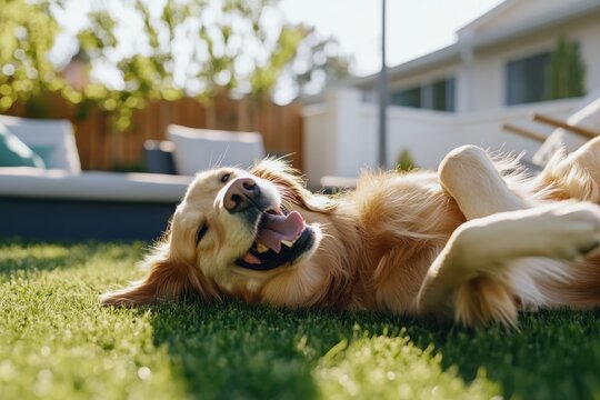 A playful golden retriever lies upside down, joyfully rolling on a green grass lawn on a sunny day, embodying the carefree and vibrant moments of outdoor life.