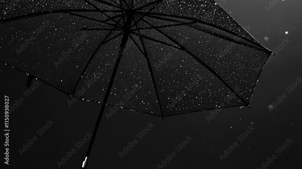 Poster black umbrella with raindrops against a dark background creating a serene, moody atmosphere in a min