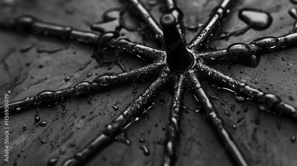 Aufkleber close-up view of a black umbrella with water drops on the surface highlighting the design and textur