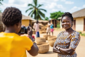 A confident and smiling woman poses in a rural village setting while another person photographs her, highlighting cultural pride and community connection.