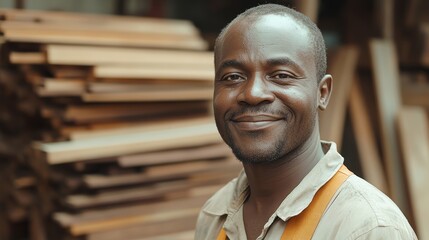 A carpenter at a workshop. An African carpenter smiles at the camera while standing at his carpentry studio, surrounded by his woodwork and wooden materials in the background.