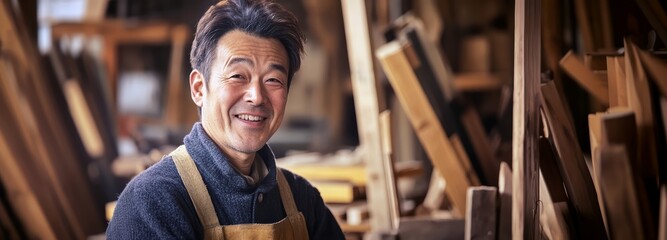 A carpenter at a workshop. A middle-aged Asian carpenter smiles at the camera while being at his carpentry studio, surrounded by his woodwork and wooden materials in the background.