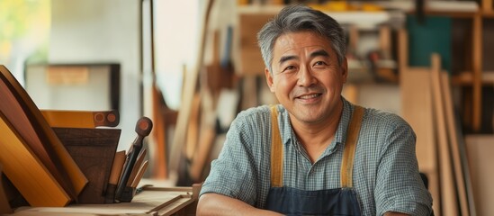 A carpenter at a workshop. A middle-aged Asian carpenter smiles at the camera while being at his carpentry studio, surrounded by his woodwork and wooden materials in the background.