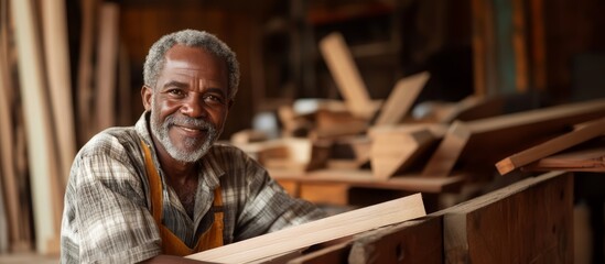 A carpenter at a workshop. A middle-aged African carpenter smiles at the camera while being at his carpentry studio, surrounded by his woodwork and wooden materials in the background.
