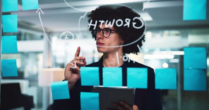 Businessman, tablet and writing for mindmap with brainstorming, sticky notes and company growth. Male person, tech and thinking for idea, decision and problem solving in office in project management