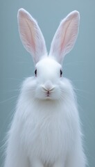 Obraz premium A close-up of a fluffy white rabbit with large ears against a soft background.