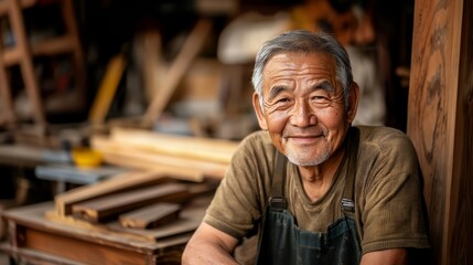 A carpenter at a workshop. An elderly Asian carpenter smiles at the camera while being at his carpentry studio, surrounded by his woodwork and wooden materials in the background.