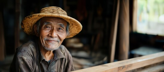 A carpenter at a workshop. An elderly Asian carpenter smiles at the camera while being at his carpentry studio, surrounded by his woodwork and wooden materials in the background.