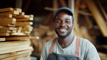 A carpenter at a workshop. An African carpenter smiles at the camera while being at his carpentry studio, surrounded by his woodwork and wooden materials in the background.